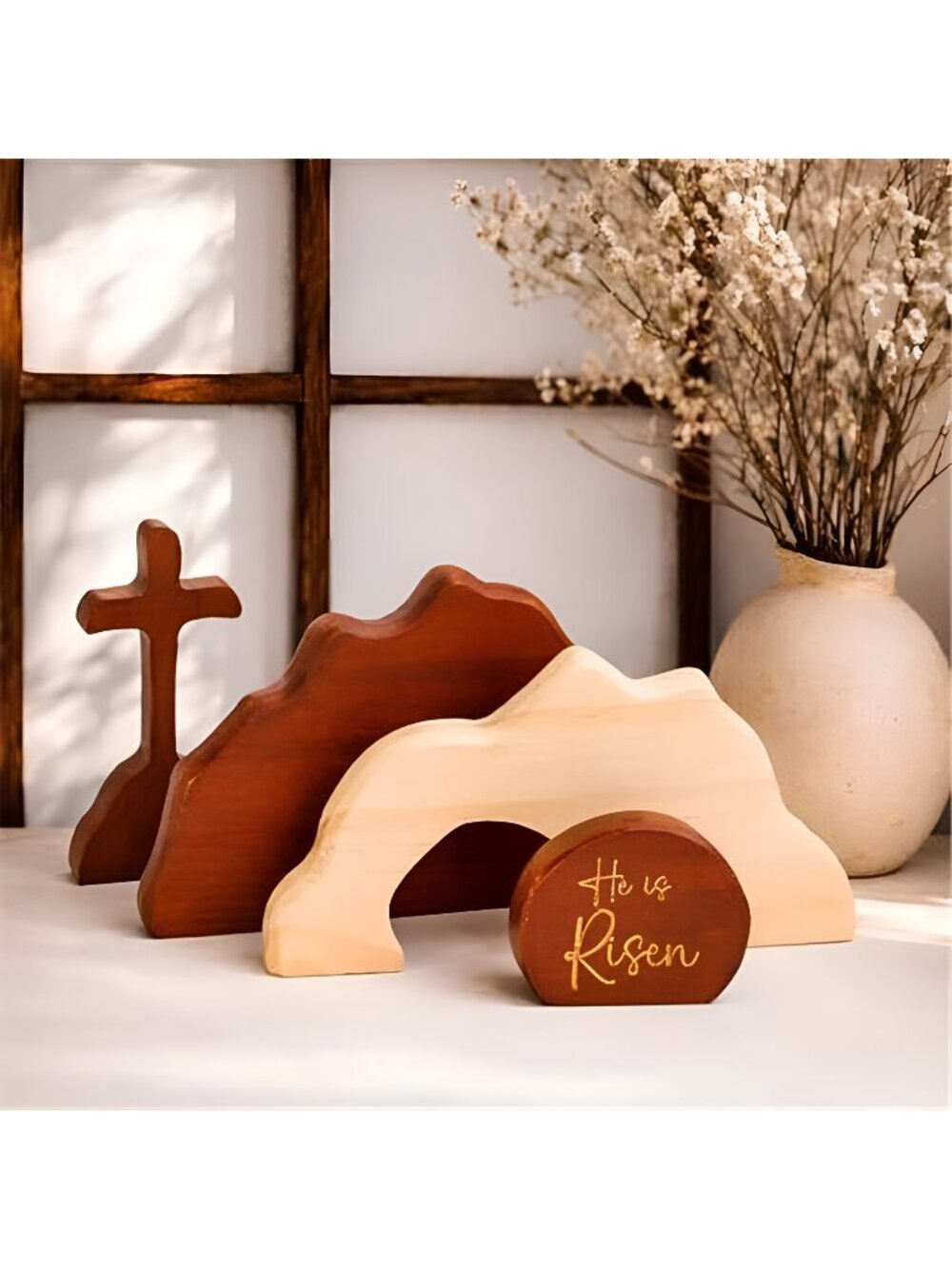 He is Risen Easter Decor – Wooden Resurrection Scene with Empty Tomb
